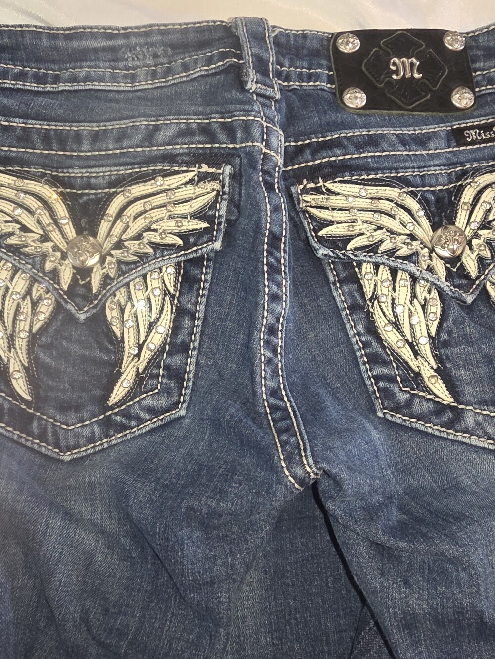 VINTAGE Miss Me Dark Blue Boot Cut Jeans with Embroidered Wing Pockets
